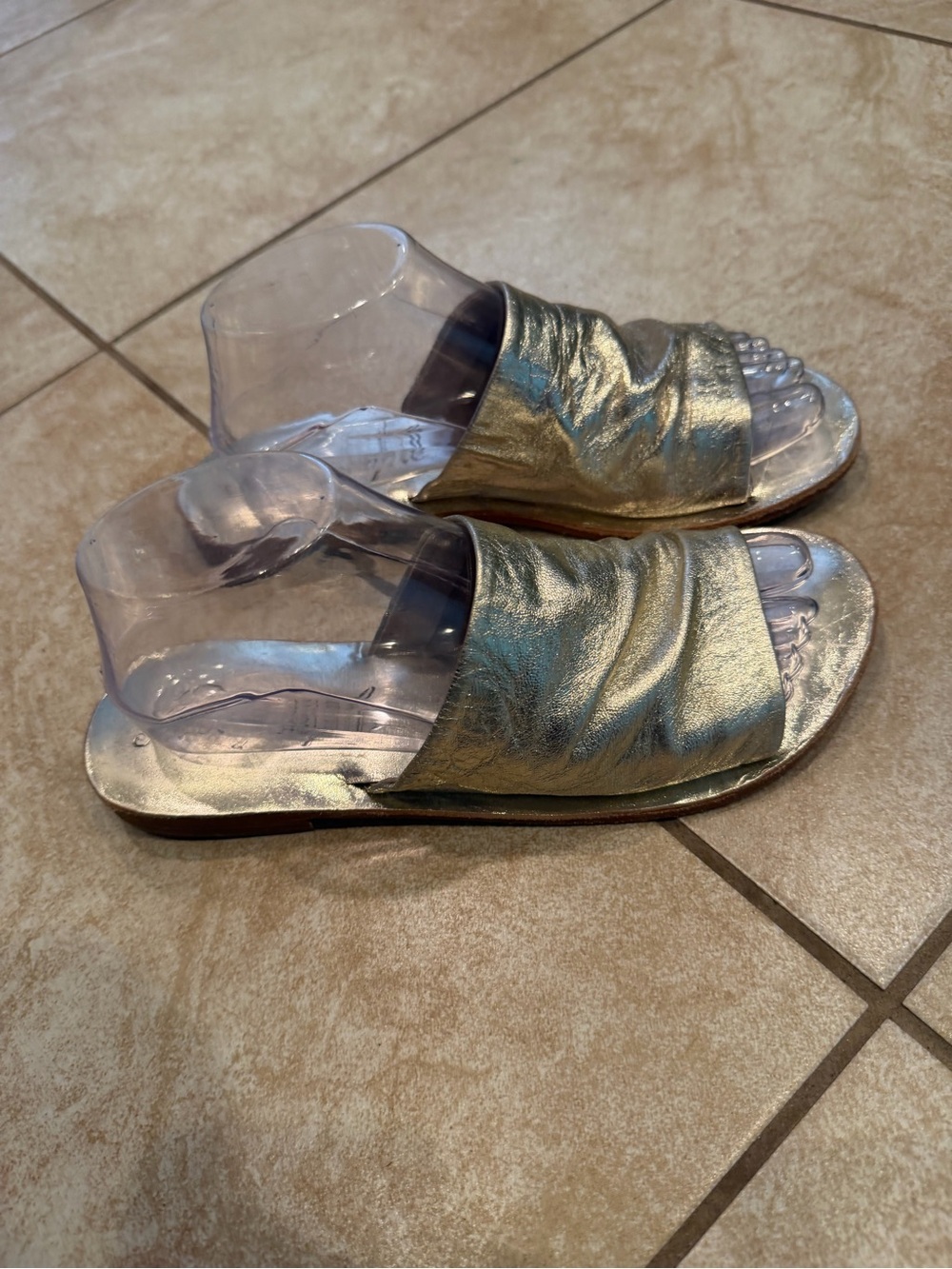 Free People Metallic Gold Ruched Slide Sandals